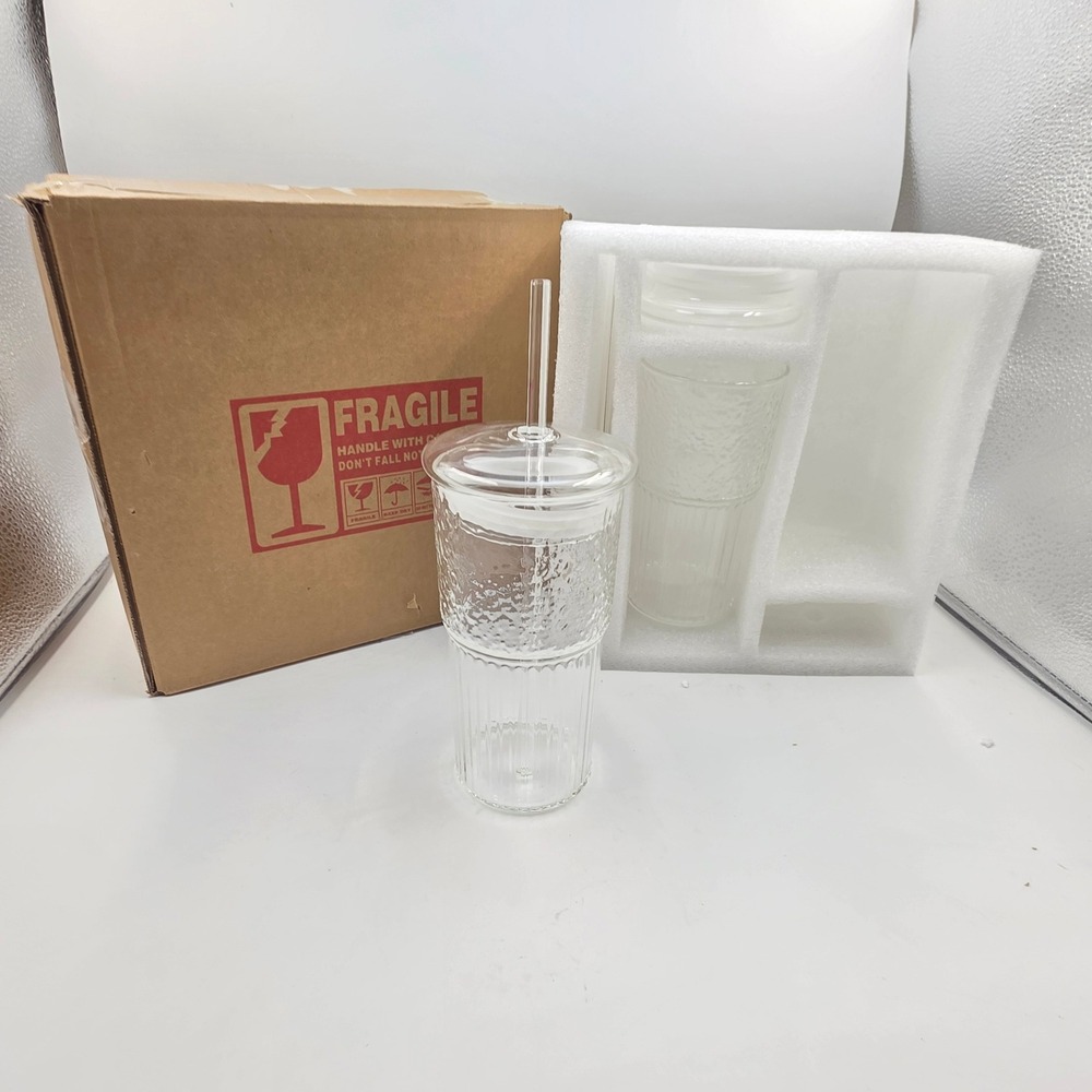 Ribbed Hammered Glass Tumbler Set with Lids and Straws Clear 4pc 16oz N1